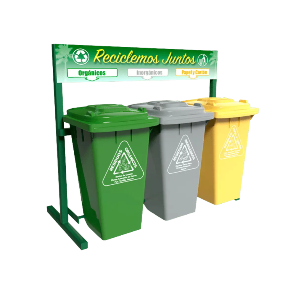 Estación De Reciclaje Con 3 Contenedores En Línea, Vic-240Hd, Sin Ruedas De 50 Litros Cada Uno Para Residuos, Sin Ruedas, De Polietileno Hdpe [Ecol-720-Hdg1]