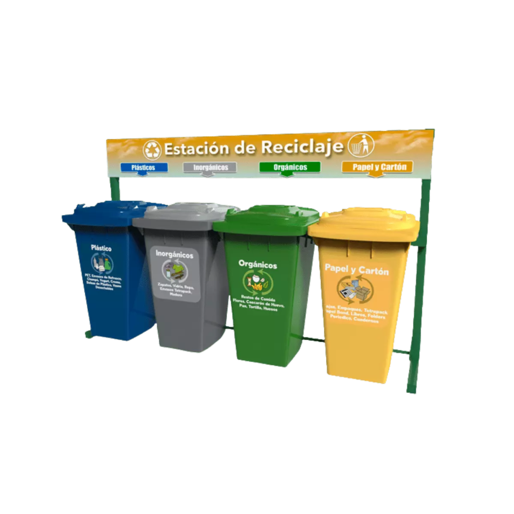 Estación De Reciclaje Con 4 Contenedores En Línea, Vic-240Hd, Sin Ruedas De 240 Litros Cada Uno Para Residuos, Sin Ruedas, De Polietileno Hdpe [Ecol-960-Hdg1]