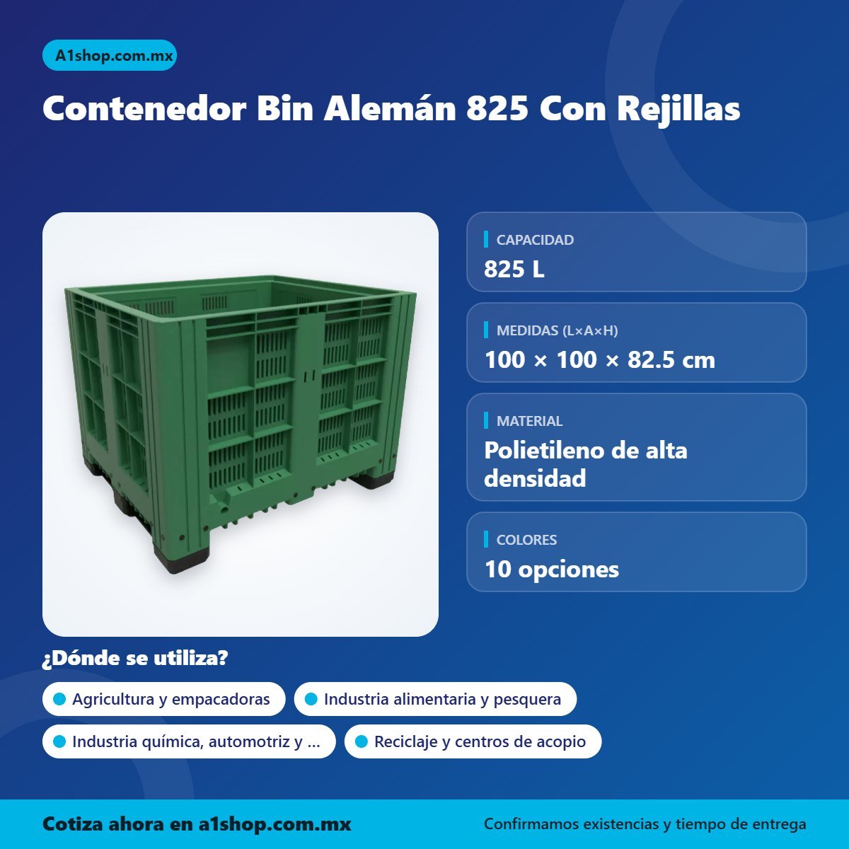 Infografía de Contenedor Bin Alemán 825 Con Rejillas: capacidad, medidas y usos
