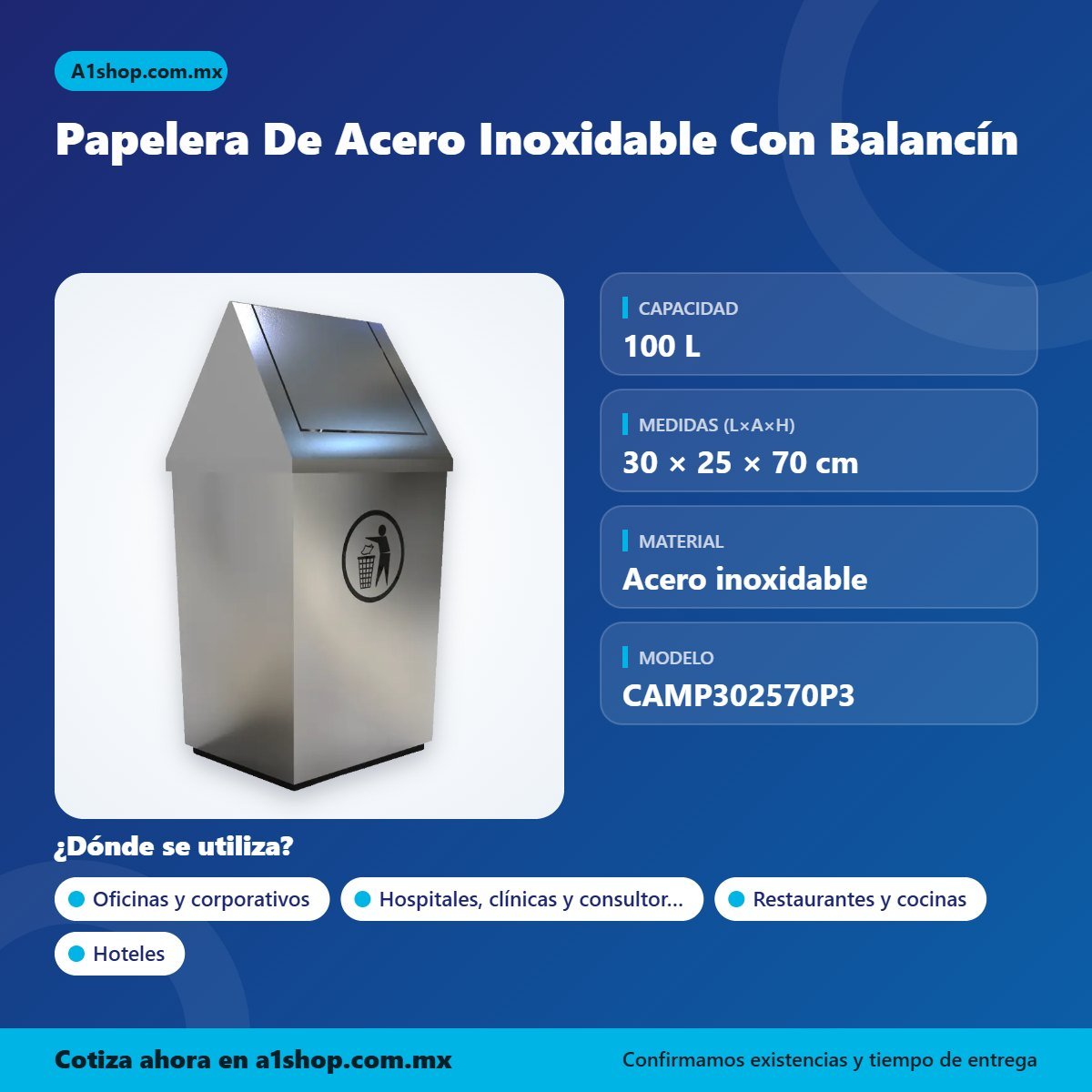 Infografía de Papelera De Acero Inoxidable Con Balancín: capacidad, medidas y usos