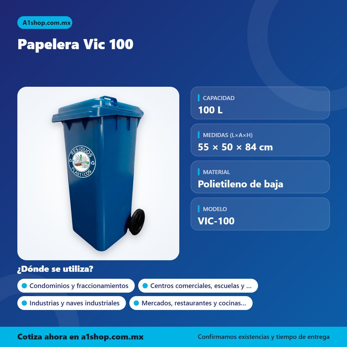 Infografía de Papelera Vic 100: capacidad, medidas y usos